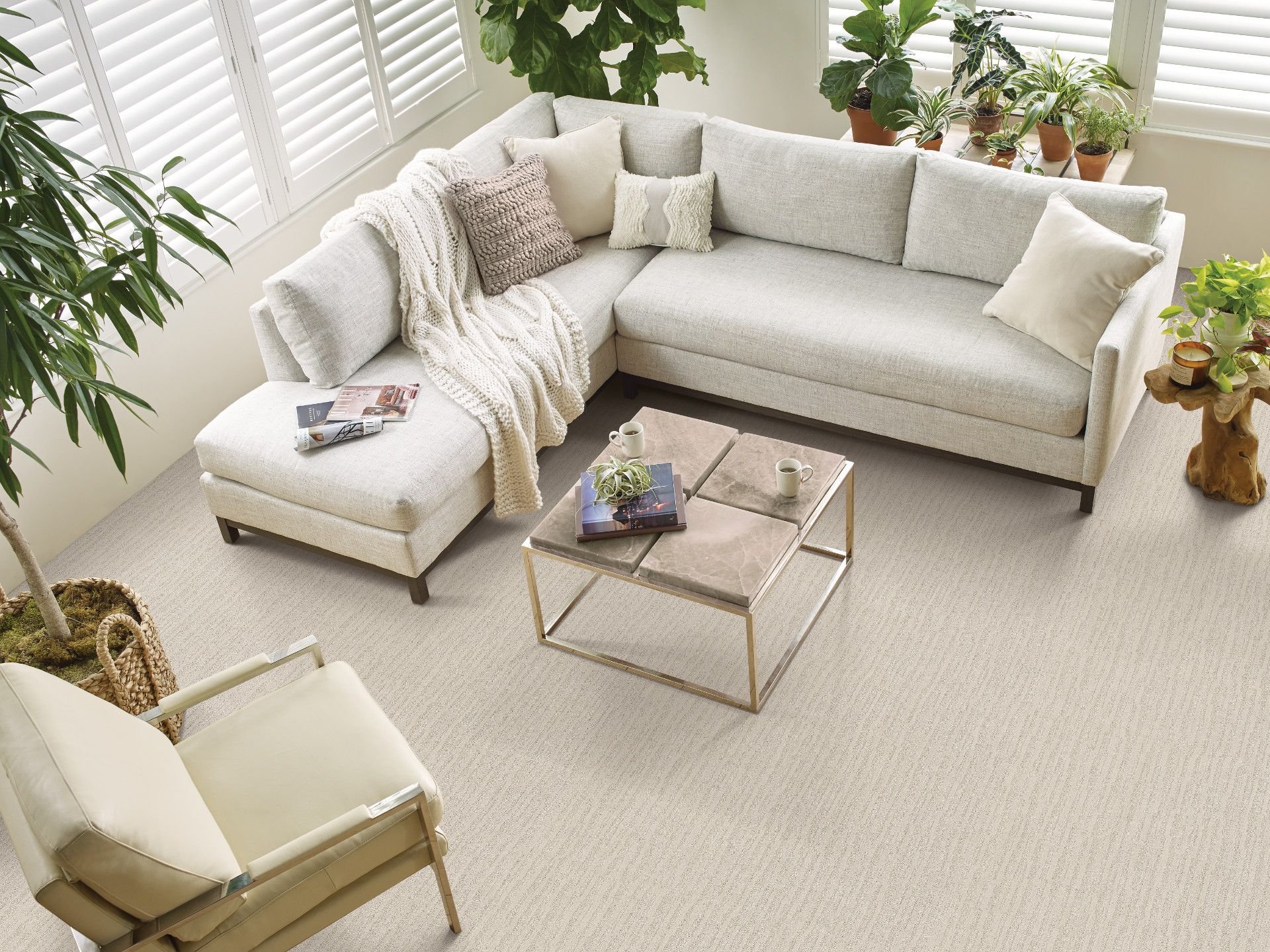 large living room with white couch on carpet from The Family Floor Store in Ellsworth, ME