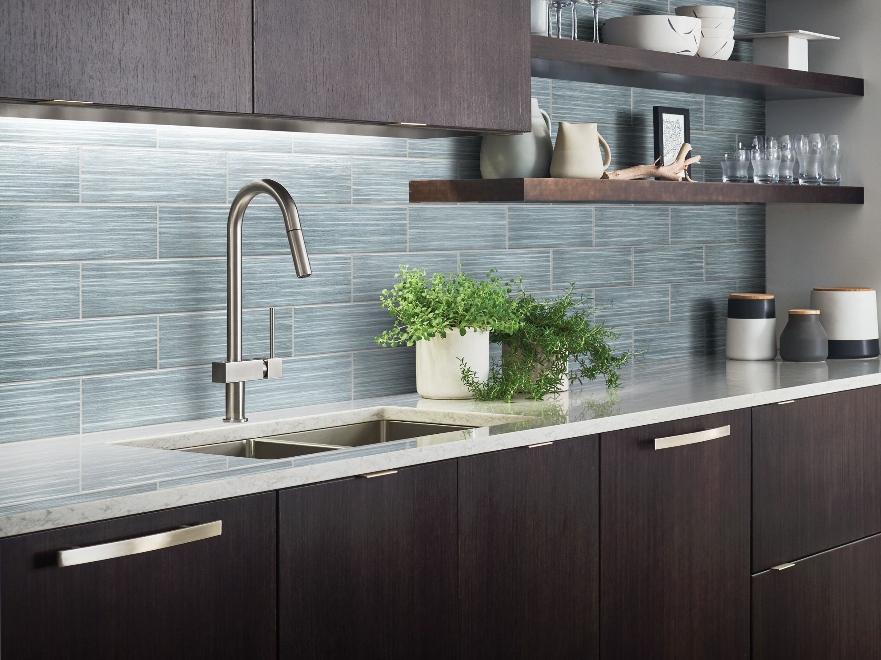 Kitchen with blue tiled backsplash - The Family Floor Store in Ellsworth, ME